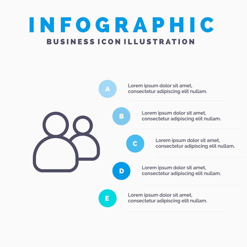 ícone de linha de equipe de usuários do grupo de amigos com fundo de infográficos de apresentação de 5 etapas vetor