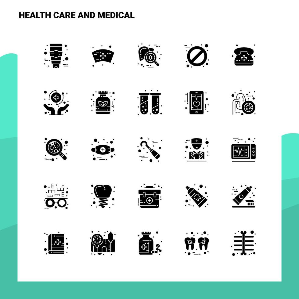 25 cuidados de saúde e conjunto de ícones médicos modelo de ilustração vetorial de ícone de glifo sólido para web e idéias móveis para empresa de negócios vetor