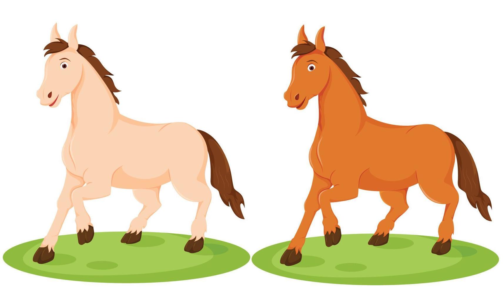 dois cavalos felizes em pose de corrida com animais de desenho animado de cores diferentes vetor