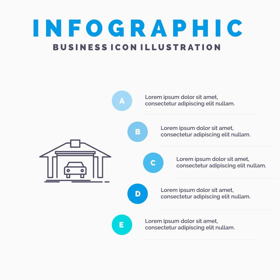 ícone de linha de construção de carro de construção de garagem com fundo de infográficos de apresentação de 5 etapas vetor