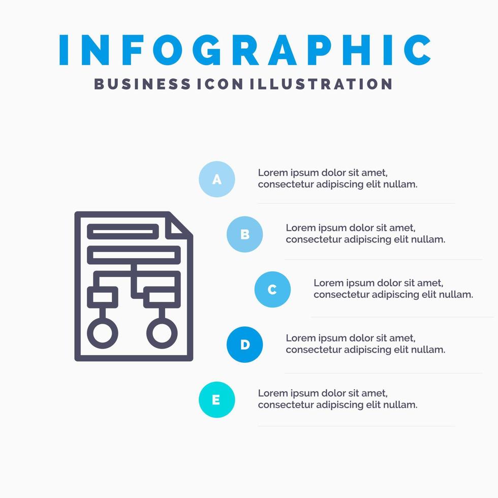 ícone de linha de documento wireframe de processo de papel gráfico com fundo de infográficos de apresentação de 5 etapas vetor