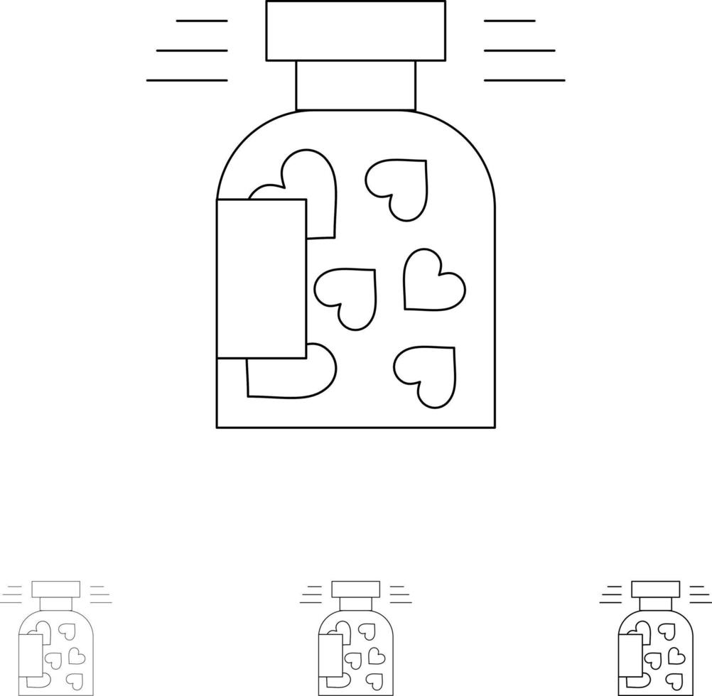 jar garrafa biscoitos coração valentim negrito e fino conjunto de ícones de linha preta vetor