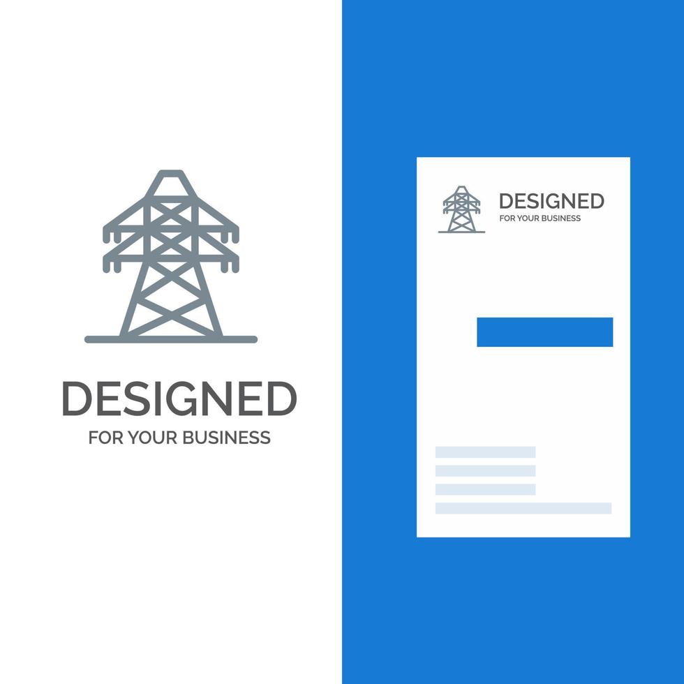 design de logotipo cinza torre de transmissão de transmissão de energia elétrica e modelo de cartão de visita vetor