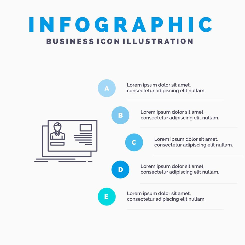 ícone de linha de convite de cartão de identidade de usuário id com fundo de infográficos de apresentação de 5 etapas vetor