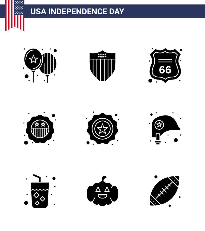feliz dia da independência dos eua conjunto de pictogramas de 9 glifos sólidos simples de distintivo de segurança da bandeira do capacete americano editável elementos de design do vetor do dia dos eua
