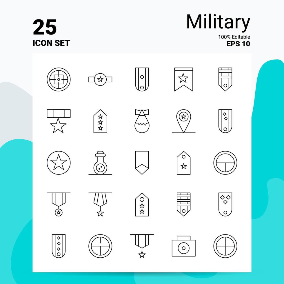 Conjunto de 25 ícones militares 100 eps editáveis 10 arquivos de conceito de logotipo de negócios idéias de design de ícone de linha vetor