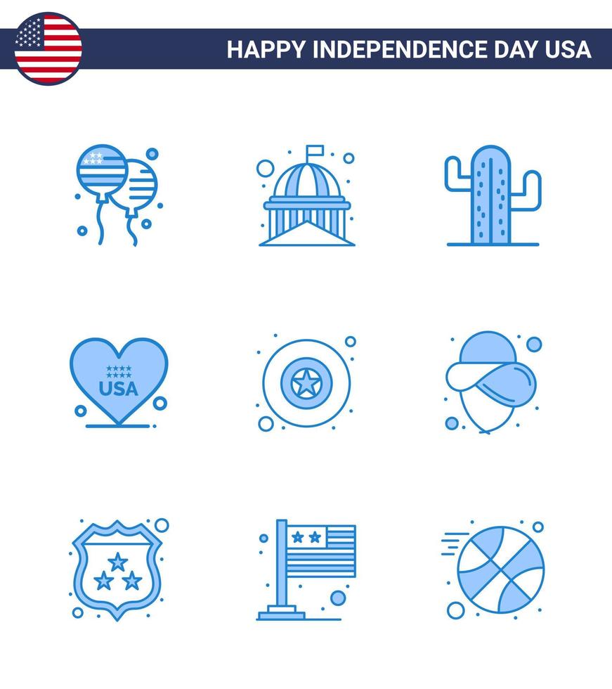 pacote azul com 9 símbolos do dia da independência dos eua do distintivo amor branco americano americano editável elementos de design do vetor do dia dos eua