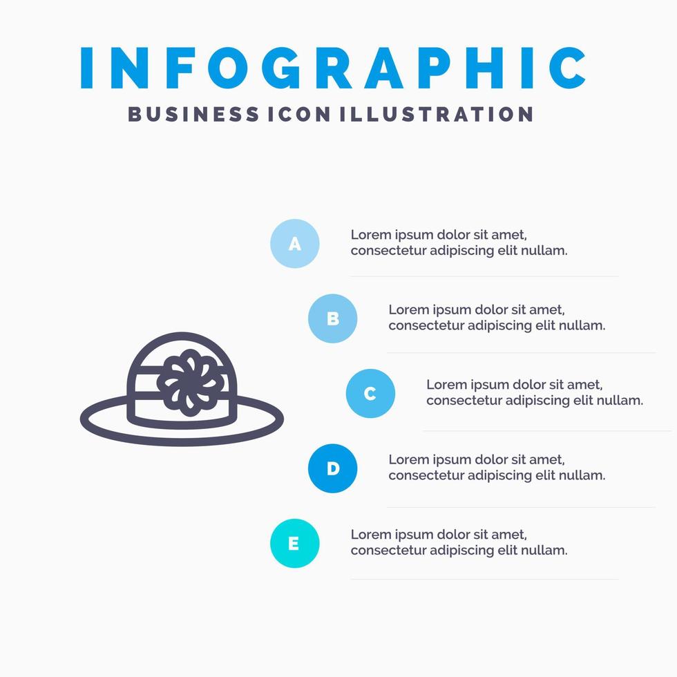 ícone de linha de boné de chapéu de praia com fundo de infográficos de apresentação de 5 etapas vetor