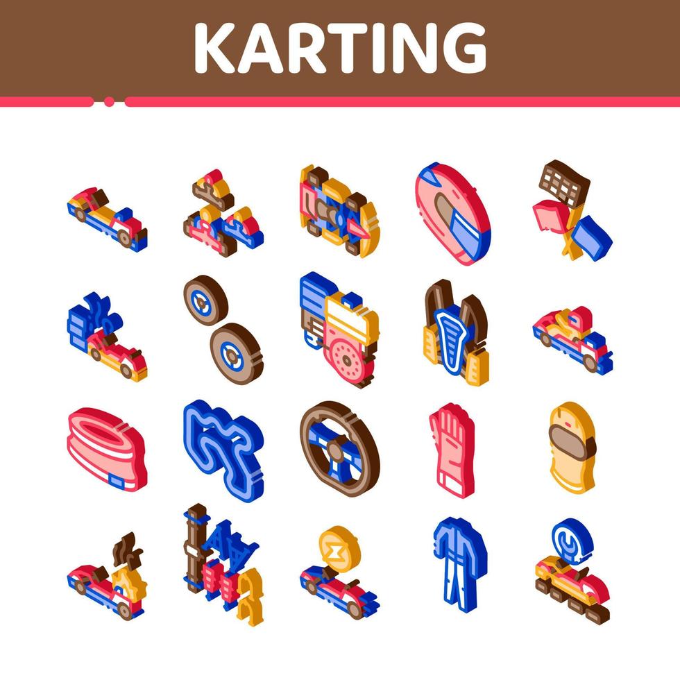 conjunto de ícones isométricos de automobilismo de kart ilustração vetorial vetor