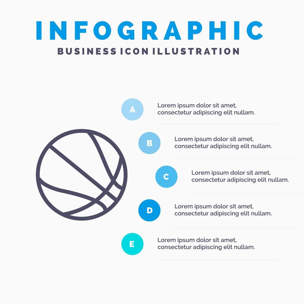 ícone de linha de basquete de bola de educação com fundo de infográficos de apresentação de 5 passos vetor