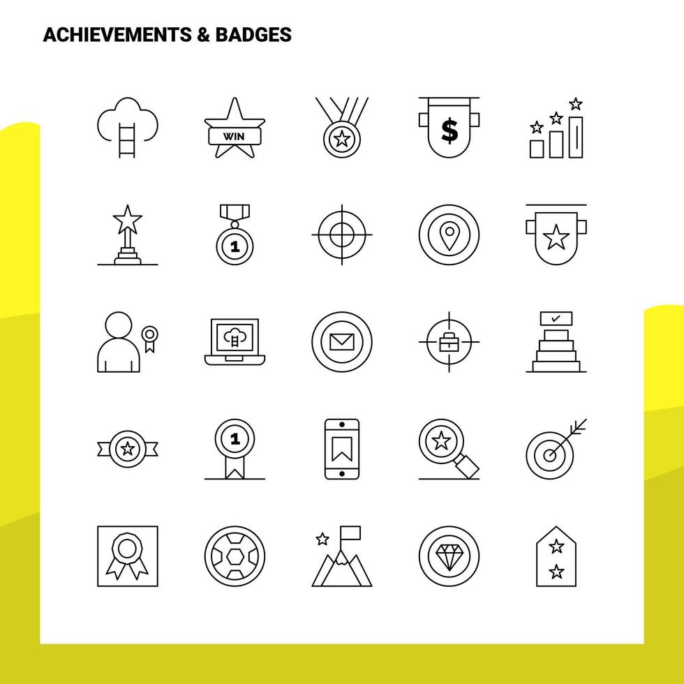 conjunto de ícones de linha de emblemas de conquistas conjunto de 25 ícones design de estilo de minimalismo vetorial conjunto de ícones pretos pacote de pictograma linear vetor