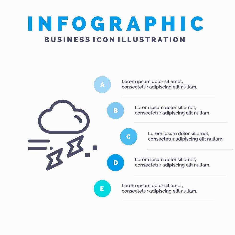 ícone de linha de trovão chuvoso de chuva de nuvem com fundo de infográficos de apresentação de 5 etapas vetor
