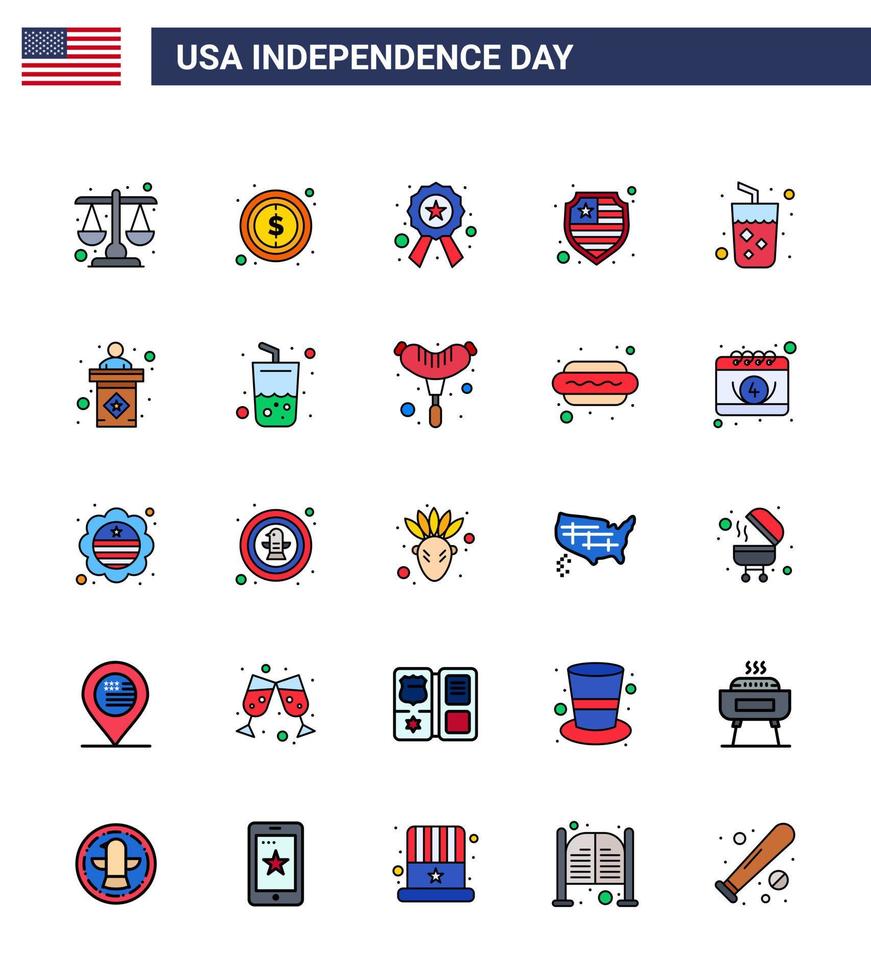 25 sinais de linha plana preenchida dos eua símbolos de celebração do dia da independência de suco álcool distintivo escudo americano editável dia dos eua vetor elementos de design