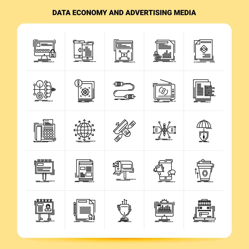 esboço 25 conjunto de ícones de economia de dados e mídia de publicidade vetor design de estilo de linha ícones pretos conjunto de pictograma linear pacote de ideias de negócios móveis e web design ilustração vetorial