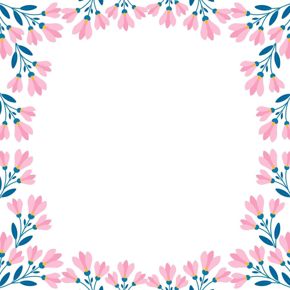 borda floral quadrada, galhos com flores cor de rosa e folhas em estilo plano. modelo de moldura vetorial vetor