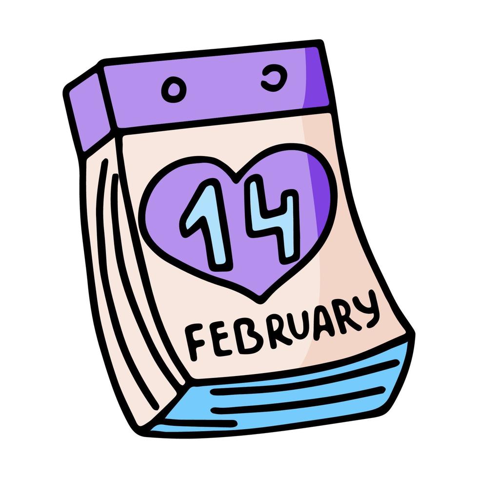 folha de calendário de 14 de fevereiro. feriado do dia dos namorados. elemento de doodle desenhado à mão. vetor