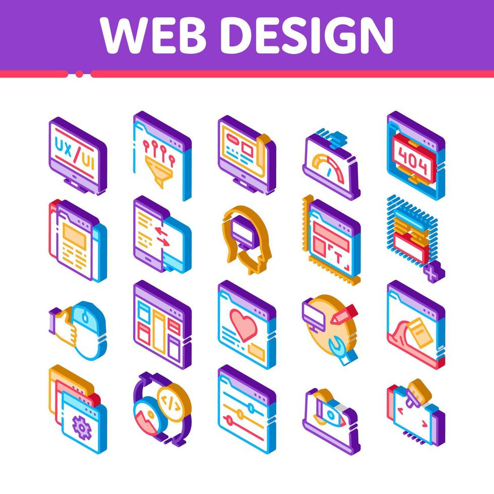 vetor de conjunto de ícones isométricos de desenvolvimento de design web