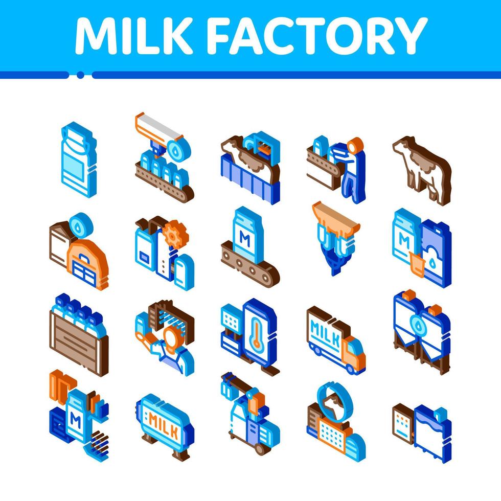vetor de conjunto de ícones isométricos de produto de fábrica de leite
