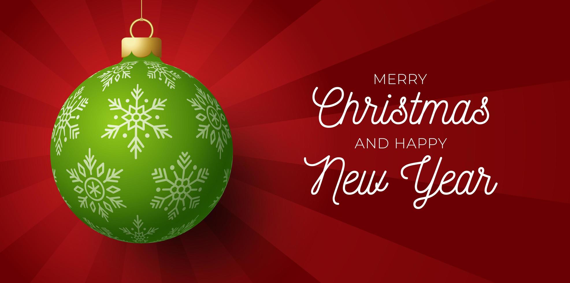 banner de feliz Natal e feliz ano novo. cartão de ilustração vetorial com bola de árvore de Natal verde em fundo de luz do nascer do sol de luxo com letras modernas vetor