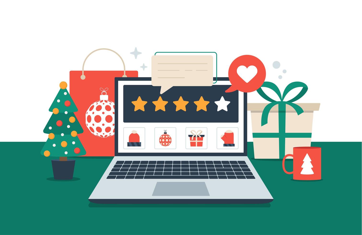 avaliação do presente online no laptop. compras de natal e feedback ilustração em vetor plana cinco estrelas laranja. mesa de escritório com elementos de férias