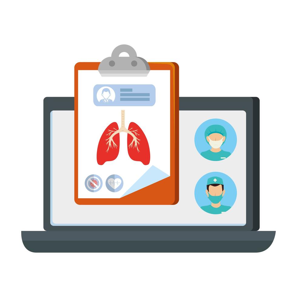 medicina online com médicos, área de transferência e laptop vetor