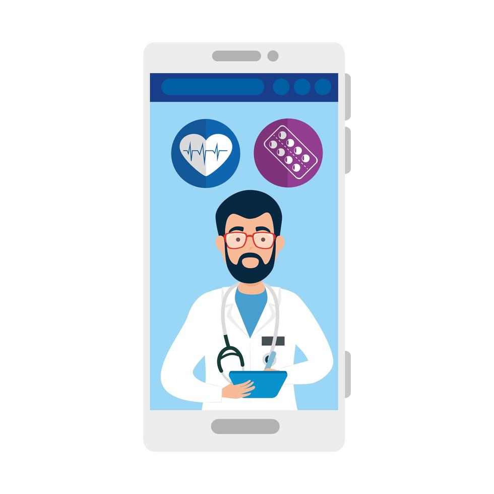 medicina online com médico no smartphone vetor