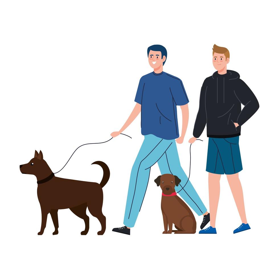 homens passeando com seus cachorros juntos vetor