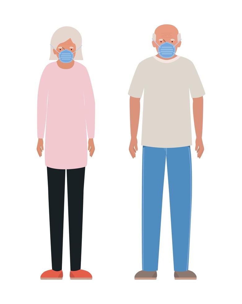 mulher e homem mais velhos com máscaras contra o design 19 covid vetor