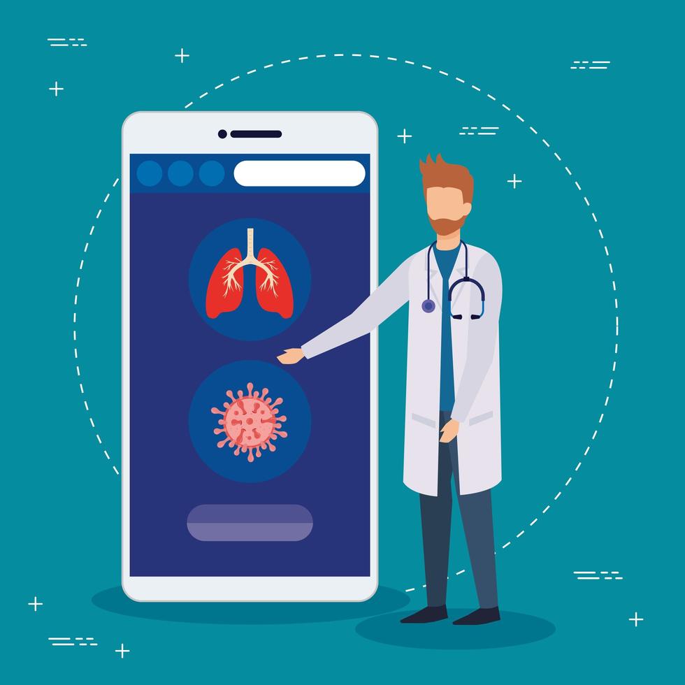 tecnologia de medicina online com médico e smartphone vetor