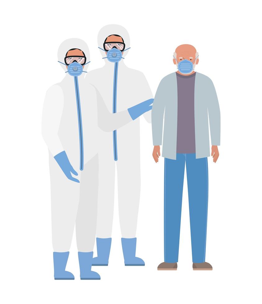 homem mais velho com máscara e médicos com roupas protetoras contra o design de vetor 19