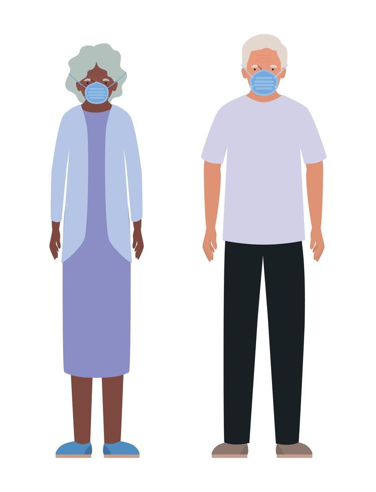 mulher e homem mais velhos com máscaras contra o design 19 covid vetor