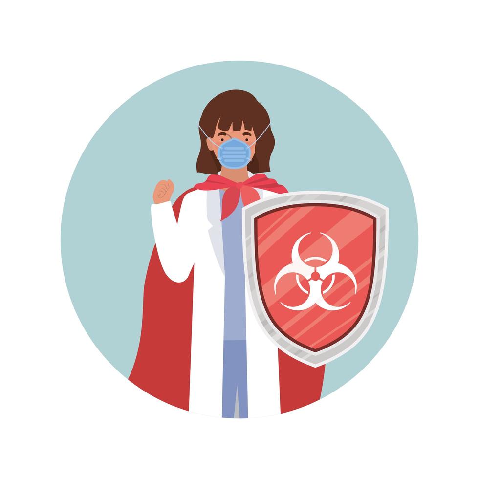 Mulher doutora heroína com capa e escudo contra o design do vírus ncov 2019 vetor