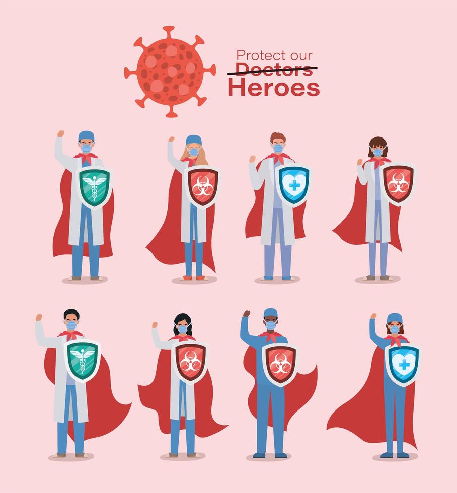 Homens e mulheres médicos heróis com capas e escudos contra o design de vetor do vírus ncov 2019