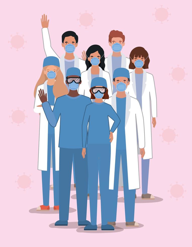 médicos e mulheres com máscaras contra design de vetor de vírus ncov 2019