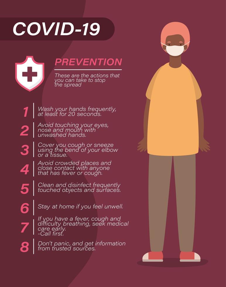 covid 19 dicas de prevenção de vírus e avatar de homem com design de máscara de vetor