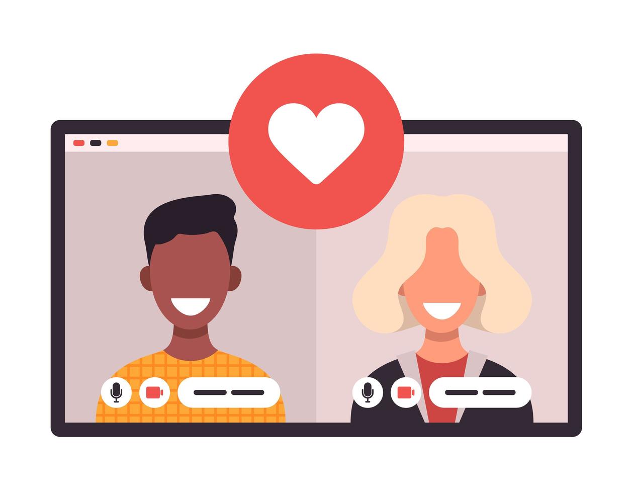 conceito de aplicativo de namoro online com homem e mulher. ilustração em vetor plana relacionamento multicultural com mulher loira branca e homem africano na tela do tablet.