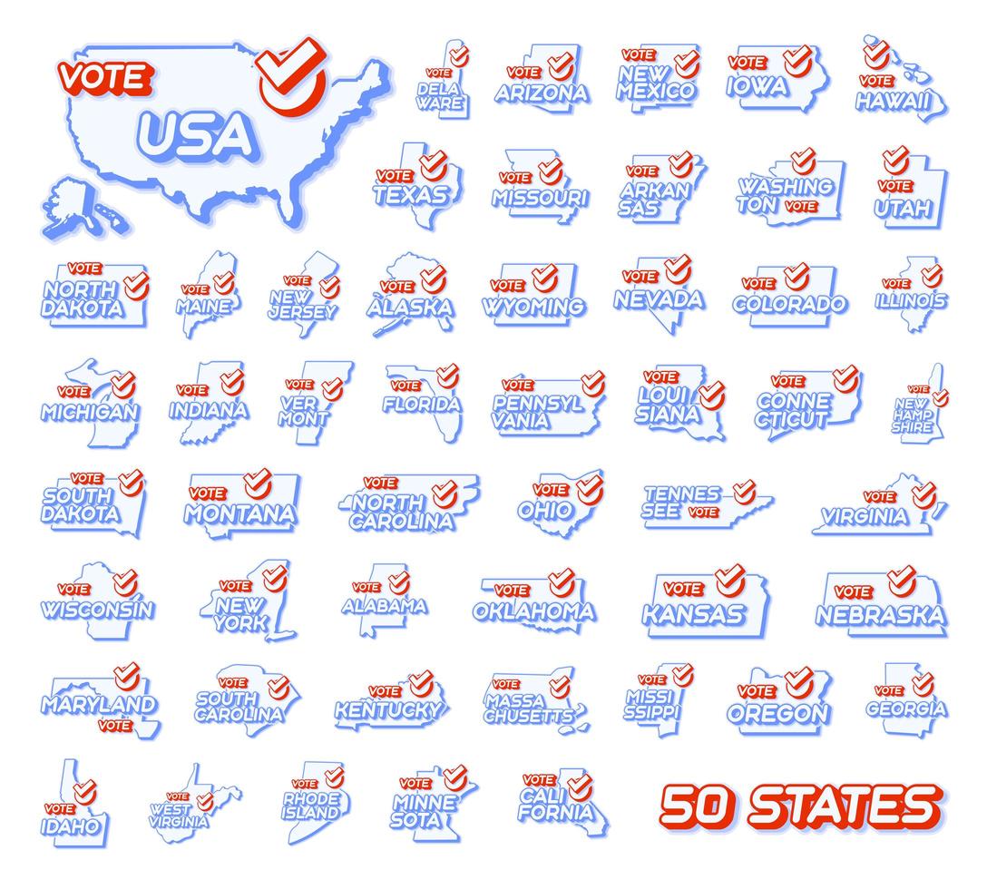 conjunto de 50 estados americanos. voto presidencial na ilustração em vetor EUA 2020. mapa do estado com texto para votar e marca vermelha ou marca de seleção de escolha. adesivo isolado em um fundo branco.