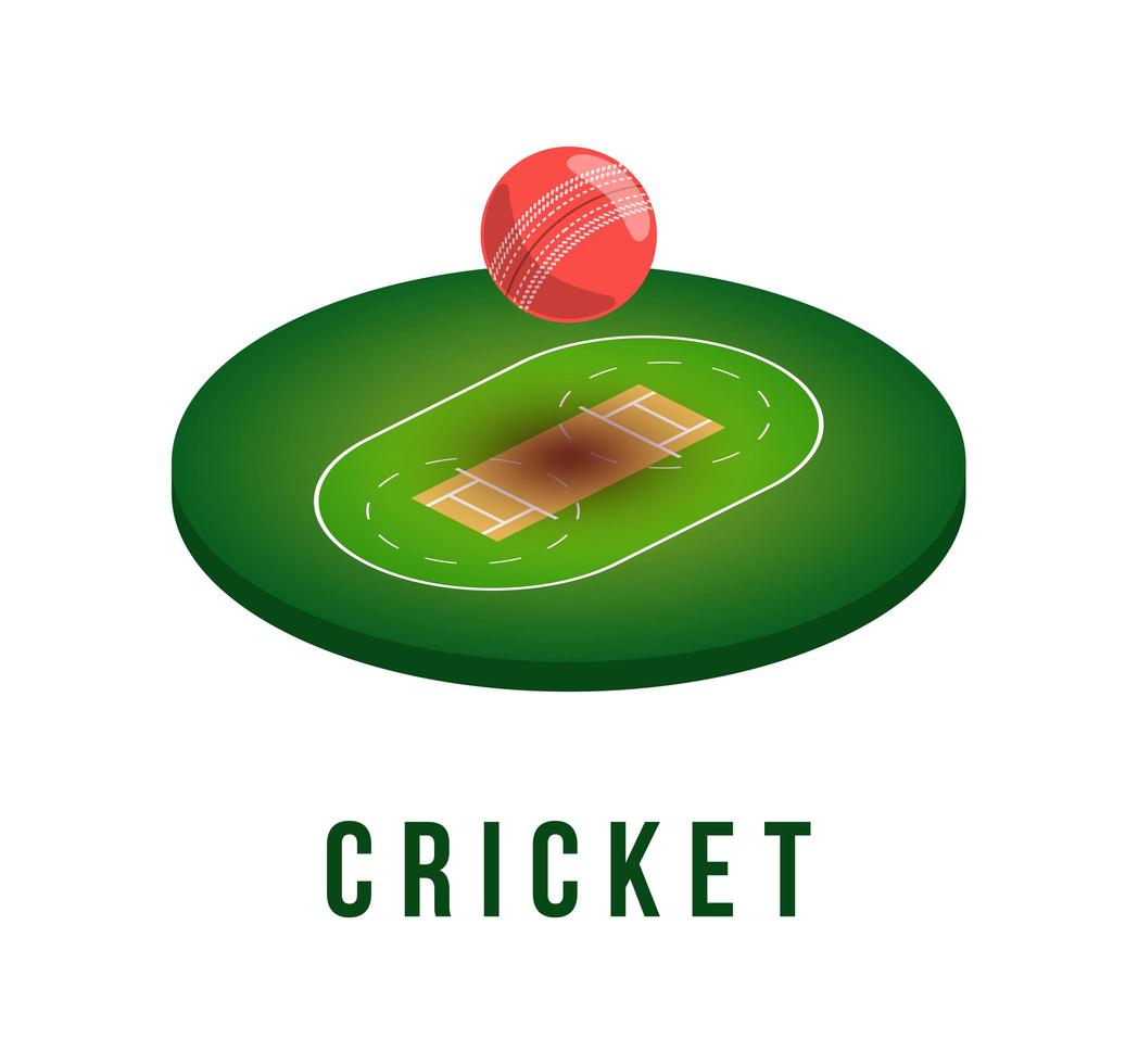 campo de críquete e bola com sombra em vista isométrica, ilustração vetorial de estádio de críquete em fundo branco vetor