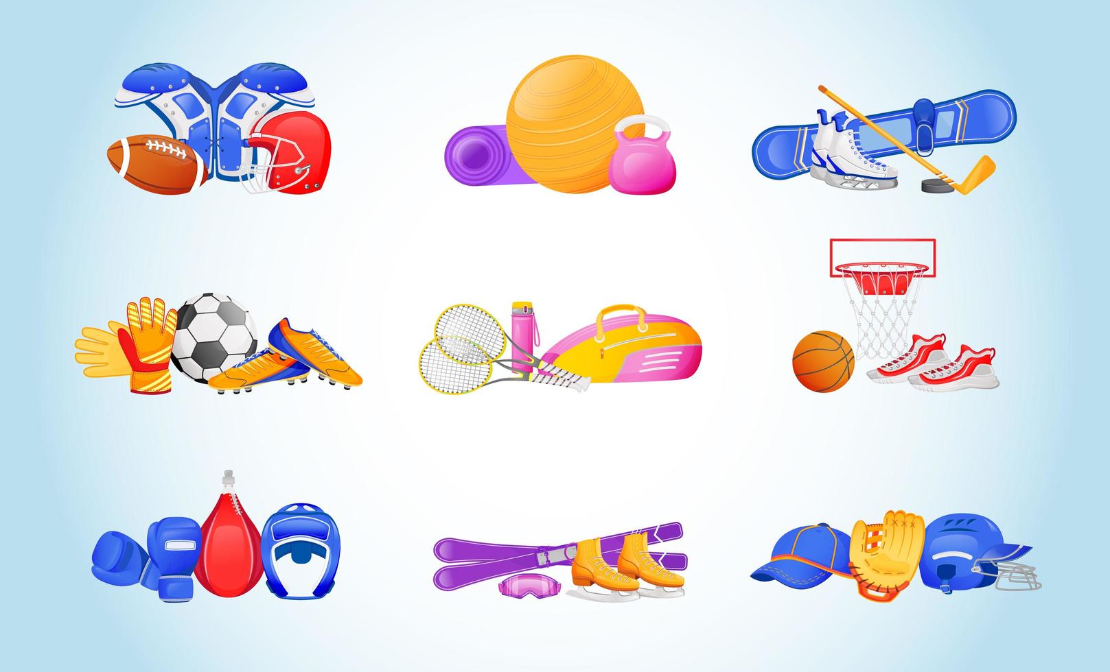 conjunto de objetos vetoriais de cores planas de equipamentos esportivos vetor