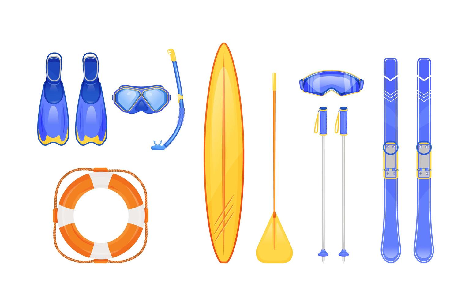 conjunto de objetos vetoriais de cores planas de equipamentos de esportes de verão e inverno vetor
