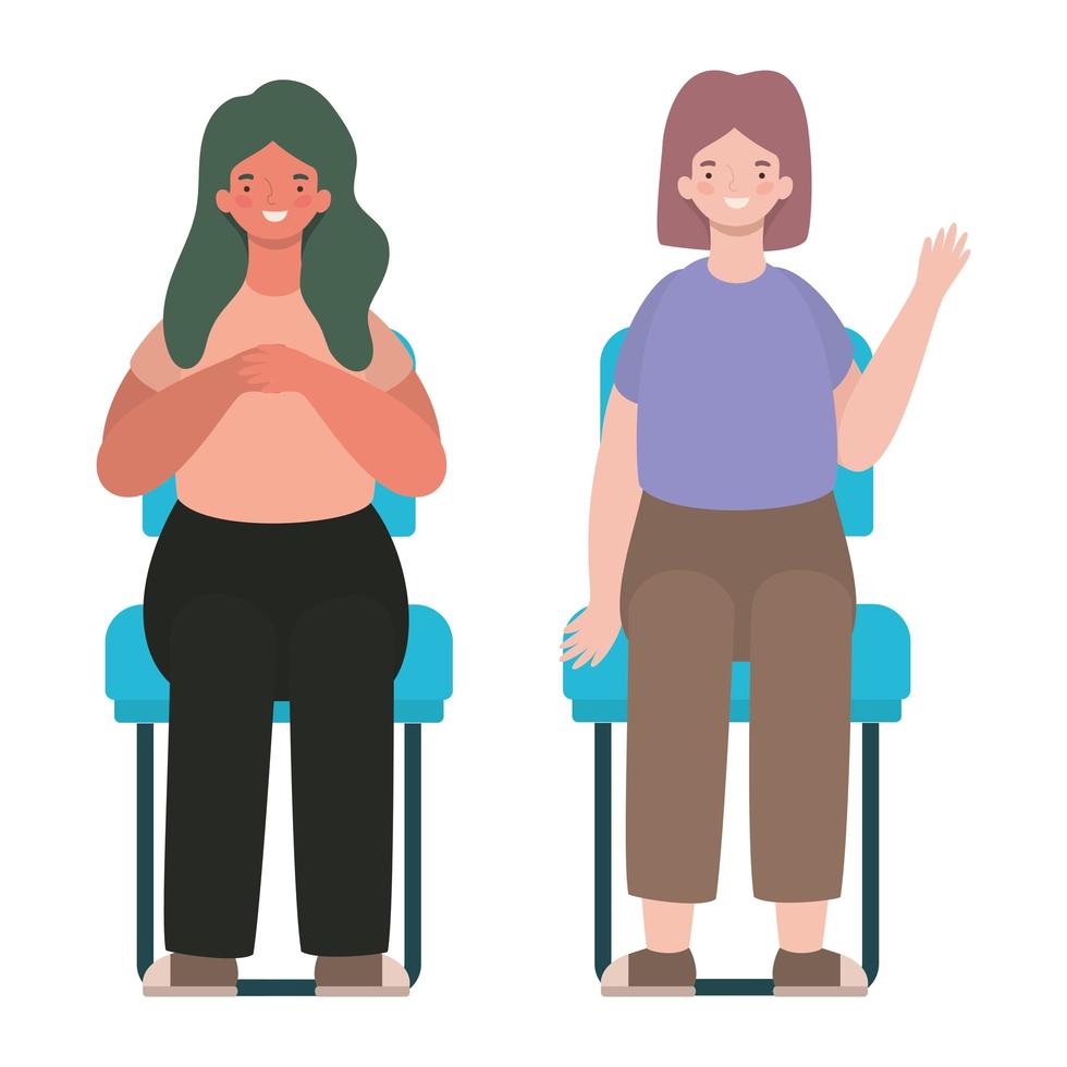 desenhos animados de mulheres felizes sentadas nos assentos vector design