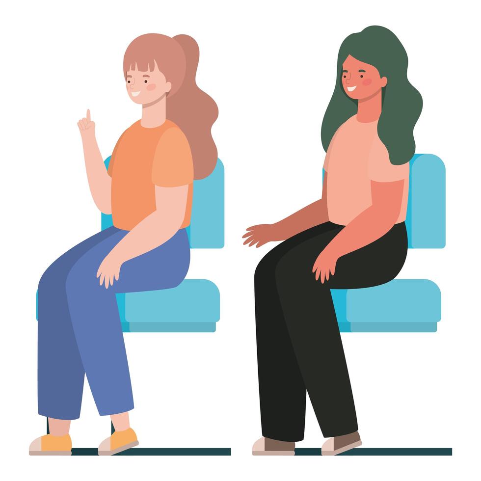 desenhos animados de mulheres felizes sentadas nos assentos vector design