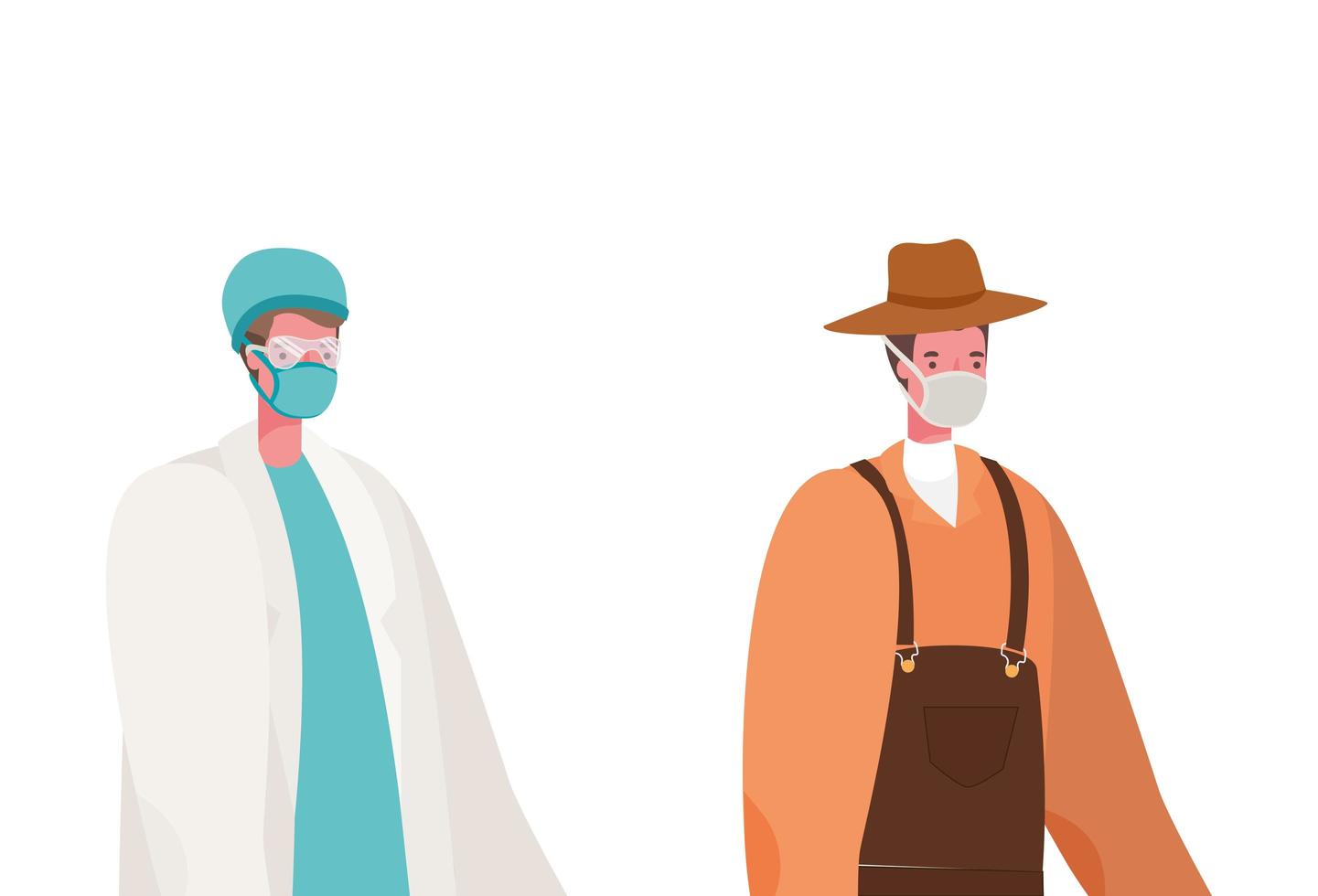 Médico e jardineiro masculino isolado com desenho vetorial de máscaras vetor