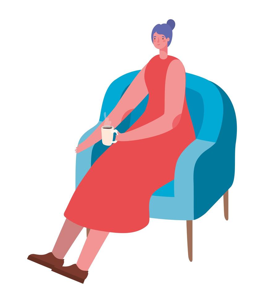 desenho de mulher bebendo café na cadeira desenho vetorial vetor