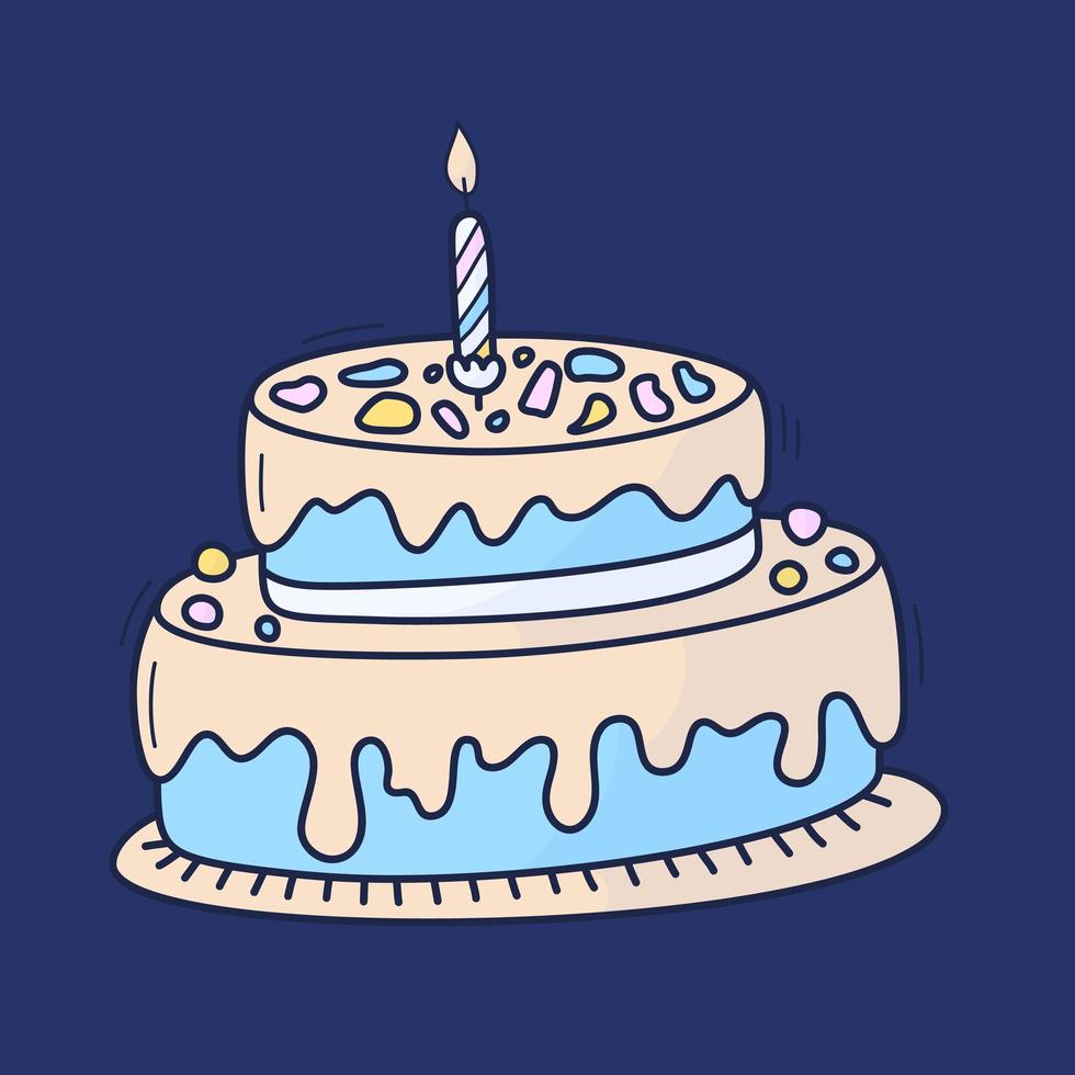 bolo de aniversário com vela. símbolo de celebração. Doodle cartoon mão desenhada ilustração vetorial. vetor