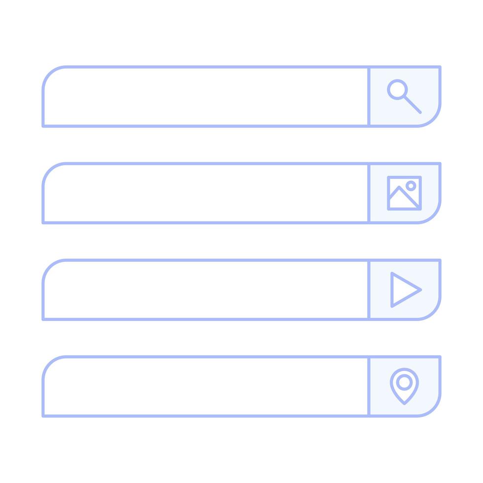 elemento de design de vetor de barra de pesquisa. conjunto de caixas de pesquisa de texto, localização, imagem e vídeo. modelo de interface ui isolado no fundo branco.