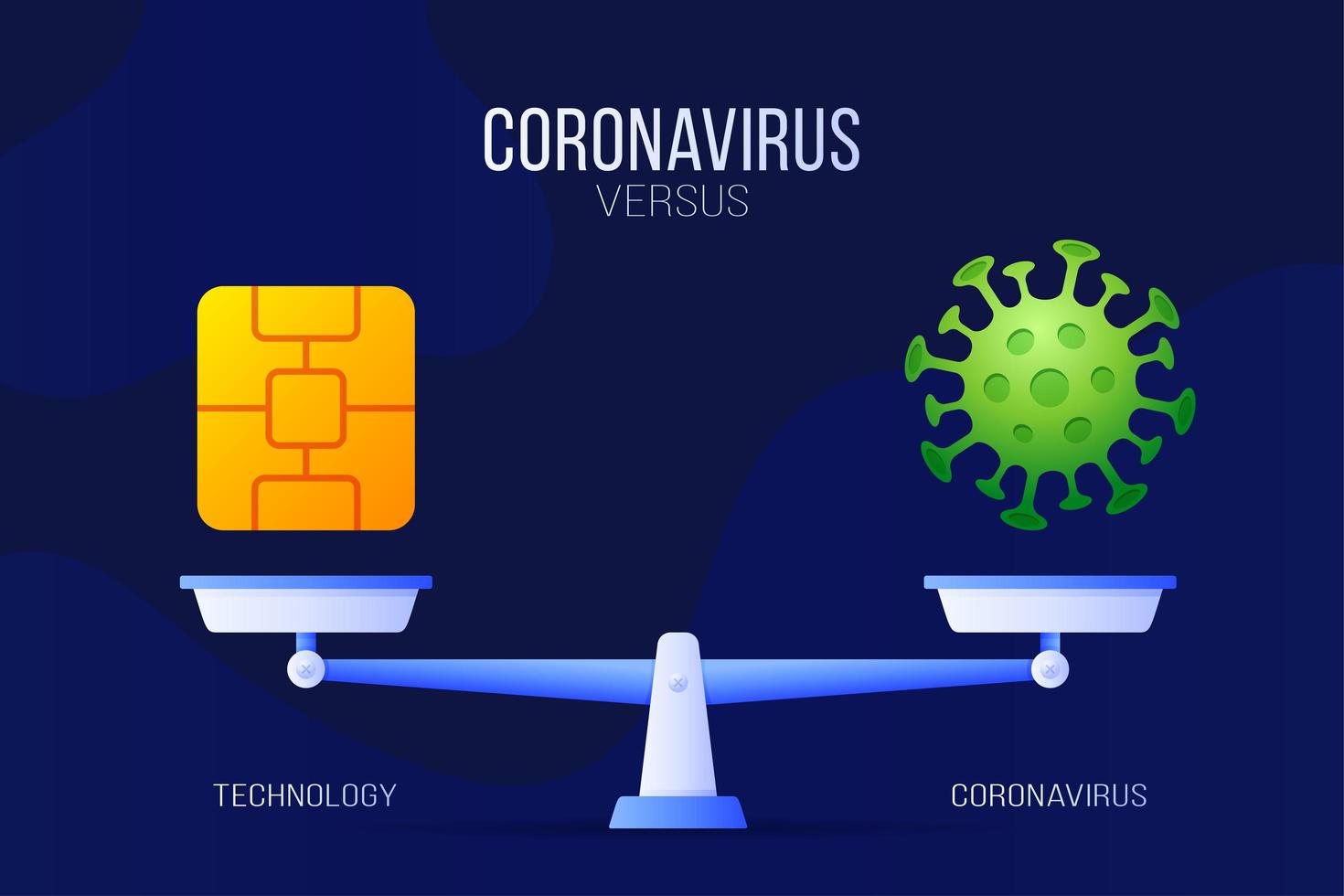 coronavírus ou ilustração vetorial de tecnologia. conceito criativo de escalas e versus, de um lado da escala está o vírus covid-19 e, do outro, o ícone do chip de tecnologia. ilustração vetorial plana. vetor