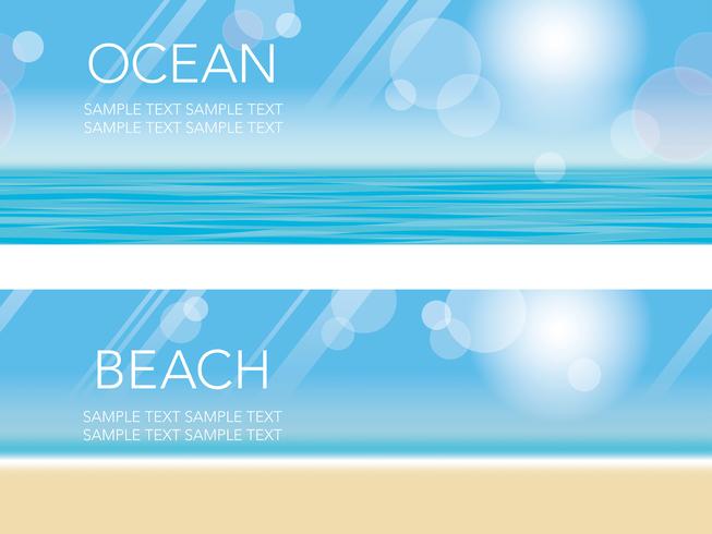 Um conjunto de duas ilustrações de fundo de verão vetorial sem costura com praia arenosa, céu azul e oceano. vetor