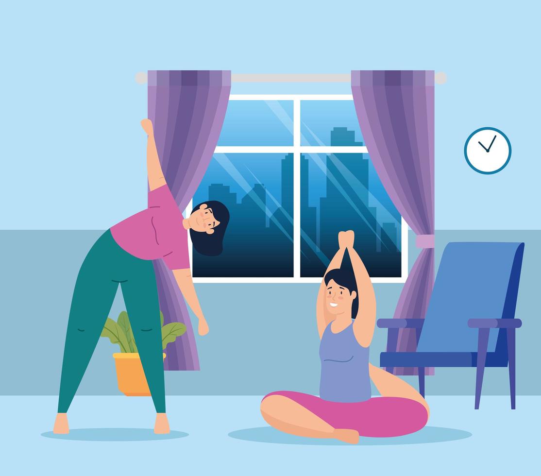 mulheres se exercitando e fazendo ioga em casa vetor