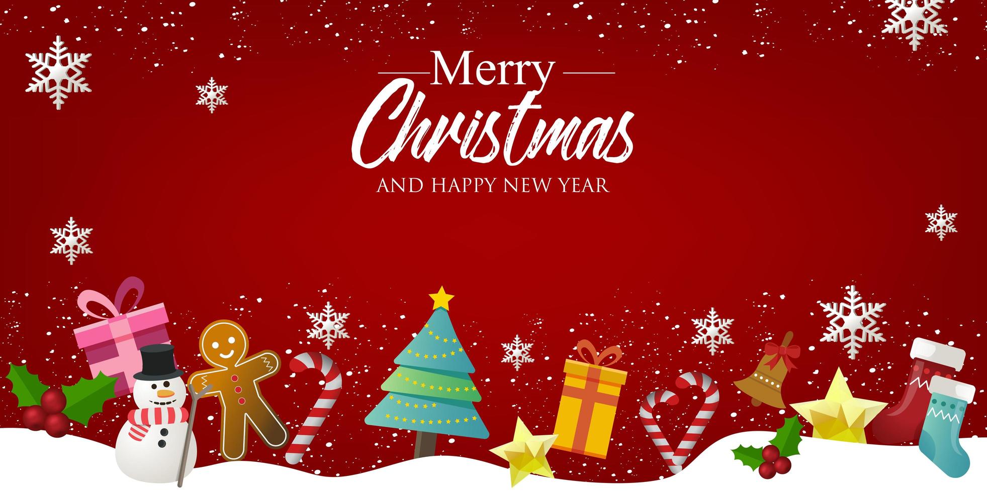 banner de Natal com fundo e decorações de Natal. texto feliz Natal e feliz ano novo. vetor